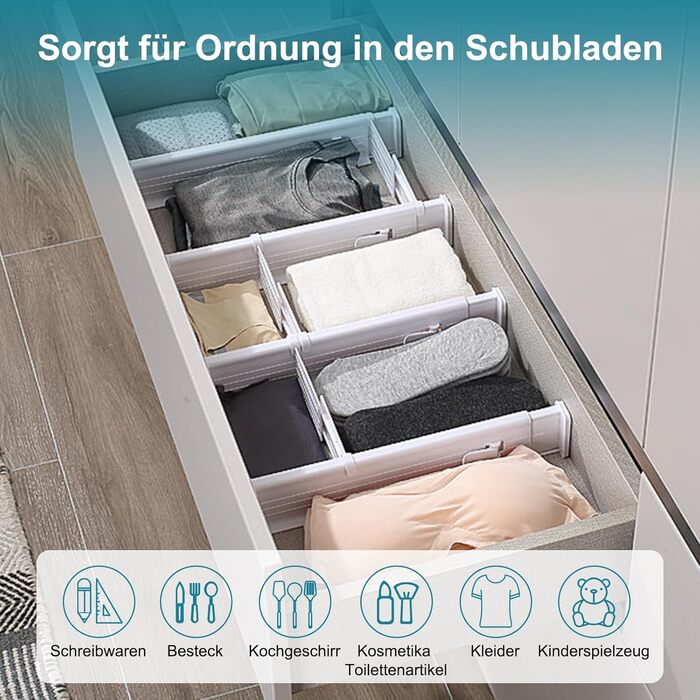 MOFELON 8-Piece Drawer Dividers, Adjustable Drawer Dividers (33-58.5cm, 6.4cm H), Closet Drawer Organization System for Kitchen, Dresser, Bedroom, Bathroom-White
