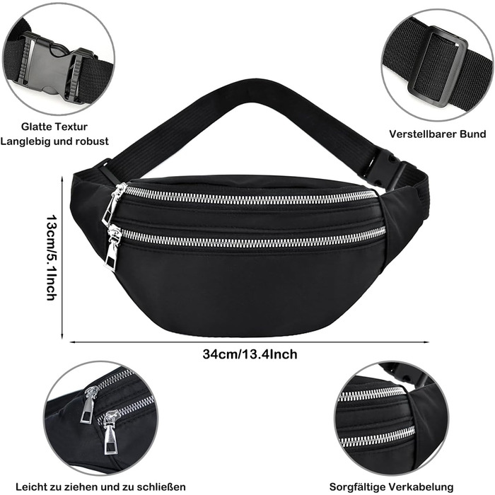 Чоловіча/Жіноча поясна сумка на пояс, водонепроникна, з PU шкіри, багатофункціональна, для спорту, подорожей, фестивалів (Чорний)