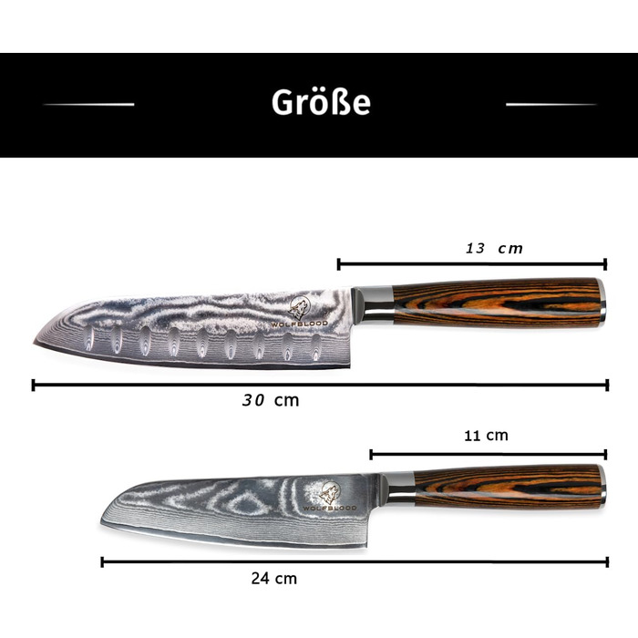 Набір ножів кухонних Wolfblood Santoku Дамаск (30 см та 24 см) - 67 шарів, сталь 62 HRC, дерев'яна ручка, подарункова коробка