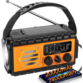 Радіо на ручному валу з сонячною панеллю, 20000 mAh Powerbank, AM/FM/SW/WB радіо погоди, 4 джерела живлення, ліхтарик, USB-C зарядний пристрій & SOS-сигнал, водонепроникне (IPX6) для відпочинку на природі, кемпінгу, будівельних майданчиків, помаранчеве