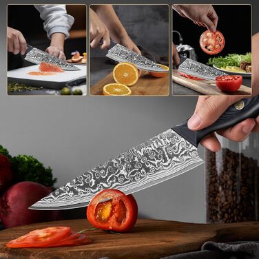 Ніж кухарський MOSFiATA Дамаск 8 дюймів - Японський ніж з дамаської сталі, кухонний ніж шеф-кухаря з чохлом, 3 захисними вкладишами та подарунковою упаковкою