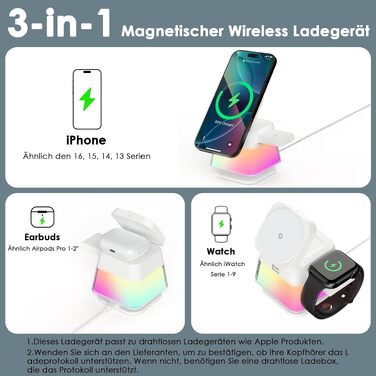 Бездротова зарядна станція 3-в-1 Minthouz Leap Cube 15, швидка зарядка 15W Qi, підставка з багатокольоровою підсвіткою для iPhone 16, 15, 14, 13