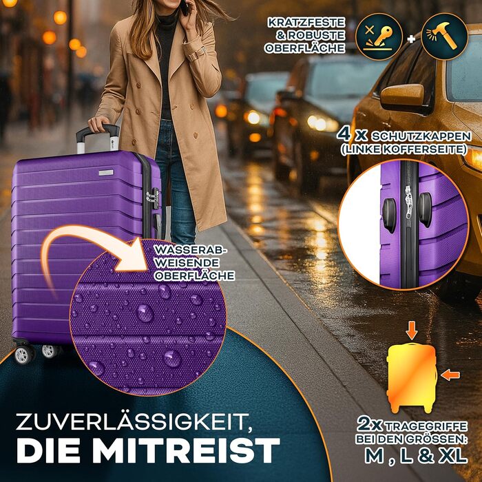 Набір валіз Tillvex® 3 шт. + ваги для багажу, 6 ременів для валіз та 3 багажні жетони | Валізи на 4 колесах | Трівалий валіз з TSA замком | Валізи з твердим корпусом M-L-XL (Ліловий)