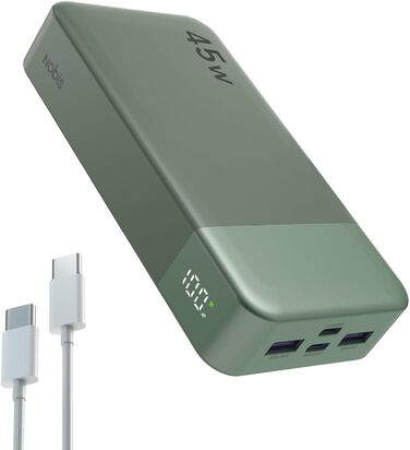 Power Bank NOBIS 20000mAh 45W з кабелем USB-C, портативний зарядний пристрій з цифровим дисплеєм (зелений)