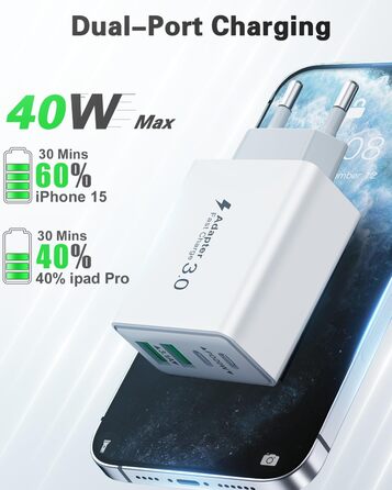Мережевий адаптер USB C 40W з 4 портами, швидка зарядка, білий. Підходить для iPhone, iPad, Samsung та інших телефонів.