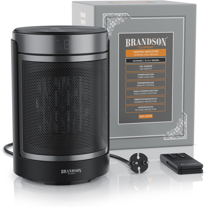 Електричний обігрівач Brandson з пультом керування, ECO-режим, осциляція 50°, 2 режими нагріву, захист від перегріву та перекидання