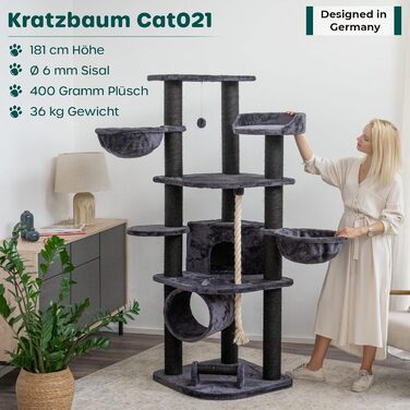 Кігтеточка для котів HAPPYPET 181 см - велика, стійка, з будинком та тунелем, ліжечка, іграшки, антрацит