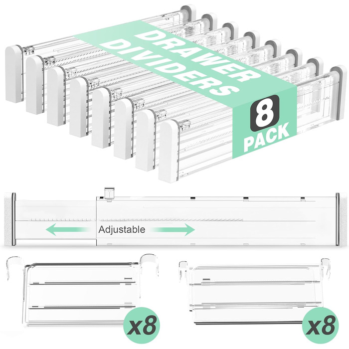 FUNIZE Adjustable Drawer Dividers with Inserts, 8 Piece, 32-58cm Long Dividers with 16 Piece 9-18cm Inserts, Expandable Drawer Organizer for Kitchen, Bedroom, Office Storage