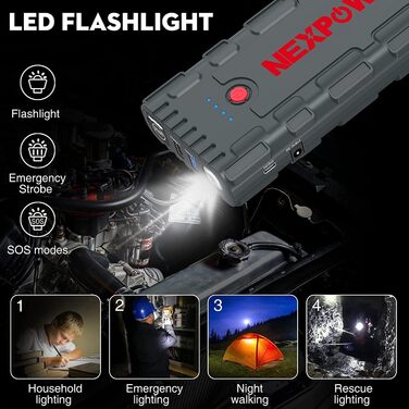 Powerbank NEXPOW Starthilfe: портативний пусковий пристрій для авто 2000A, 12V, USB-швидка зарядка 3.0 (до 7.0L бензин/6.5L дизель), LED-ліхтар, сірий