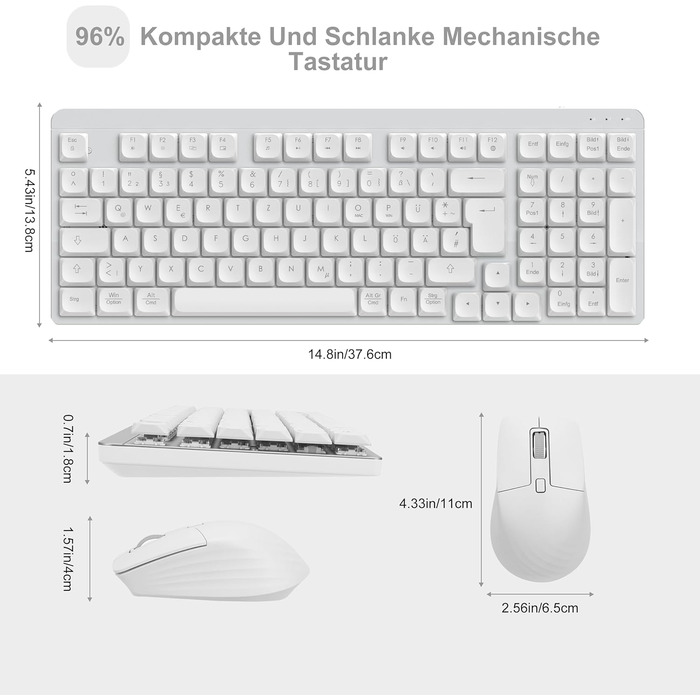 Механічна клавіатура та миша Leadsail FA98 бездротові, QWERTZ, 98 клавіш, низькопрофільний червоний перемикач, 1600 DPI, для Windows/MacOS/PC/Laptop (срібло)