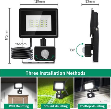 Aigostar 20W LED Floodlight with Motion Sensor Outdoor, 1650LM 6500K Cool White Outdoor Floodlight, IP65 Waterproof Spotlight, Outdoor Light for Garden, Courtyards, Garage, Hotel, 2PC