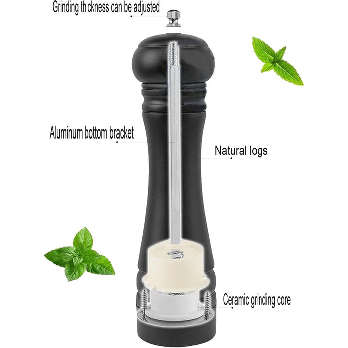 Salt and pepper grinder, wooden pepper grinder set salt pepper mill kit manual mills solid with strong adjustable ceramic grinding mechanisms 2 pieces 8 inch (K 2 Black)