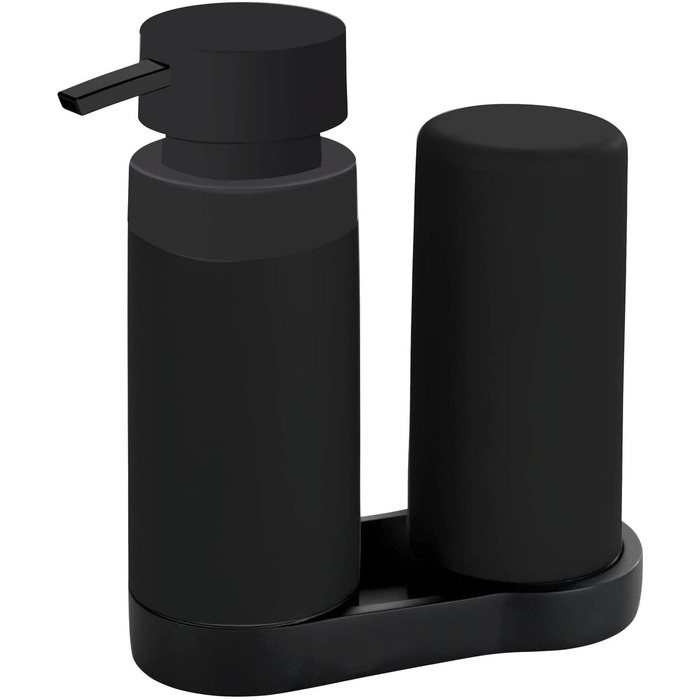 WENKO Easy Squeez-e Dish Station Black, a combination of a refillable dish soap and hand soap dispenser, ideal for bathrooms, kitchens, and guest toilets. Capacity approximately 250 ml per dispenser. Dimensions 15 x 18 x 7 cm.