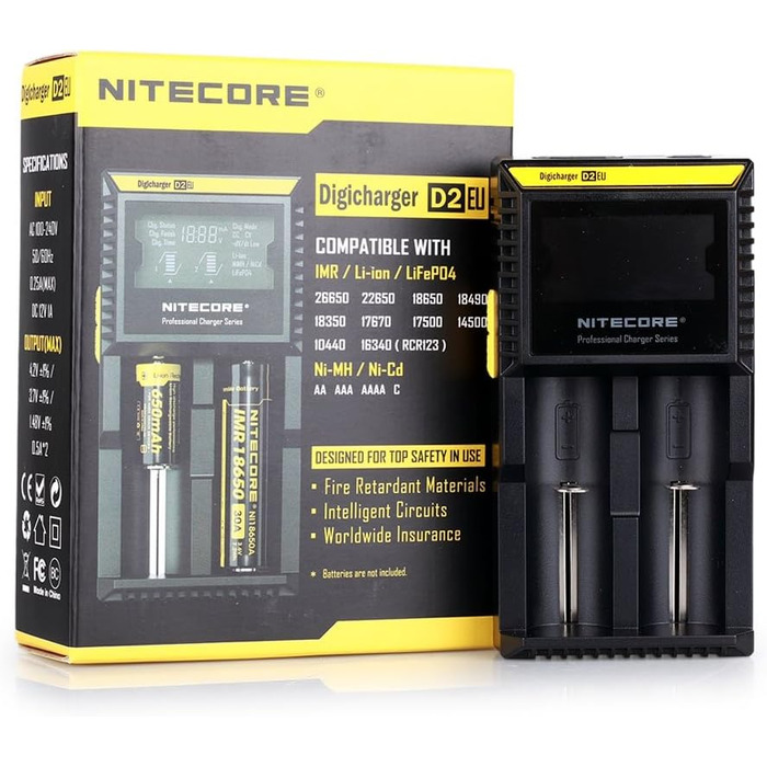NiteCore D2 EU - Інтелектуальний зарядний пристрій для акумуляторів з LCD дисплеєм (18650, 18350, 26650, AAA, AA, CR123A)