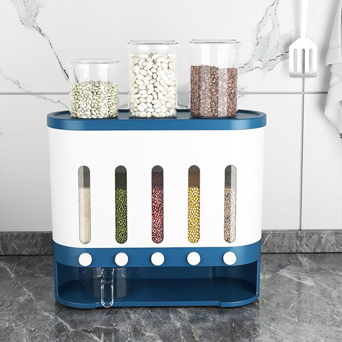 Traveler Dispenser with 5 Compartments, Wall-Mounted Cereal Dispenser, 9 kg, Thickened Container, Moisture-Resistant, Grain Container, Bucket, Rotating Food Dispenser, Household Kitchen, Candy Dispenser