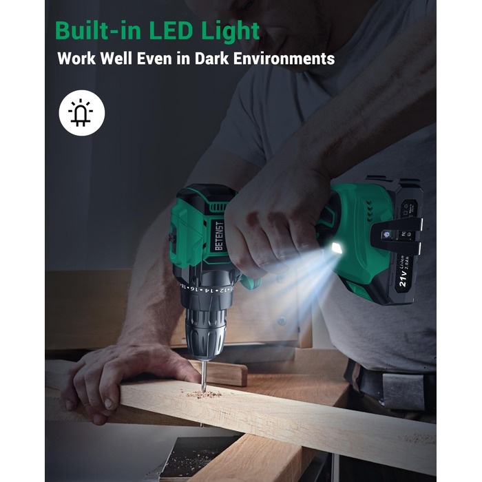 Акумуляторний шуруповерт безщітковий 21V BETENST з акумулятором 2.0Ah, 45Nm, 20 моментів, патрон 10mm, 2 швидкості, 20-ти елементний набір для дому, саду та DIY проектів (зелений)