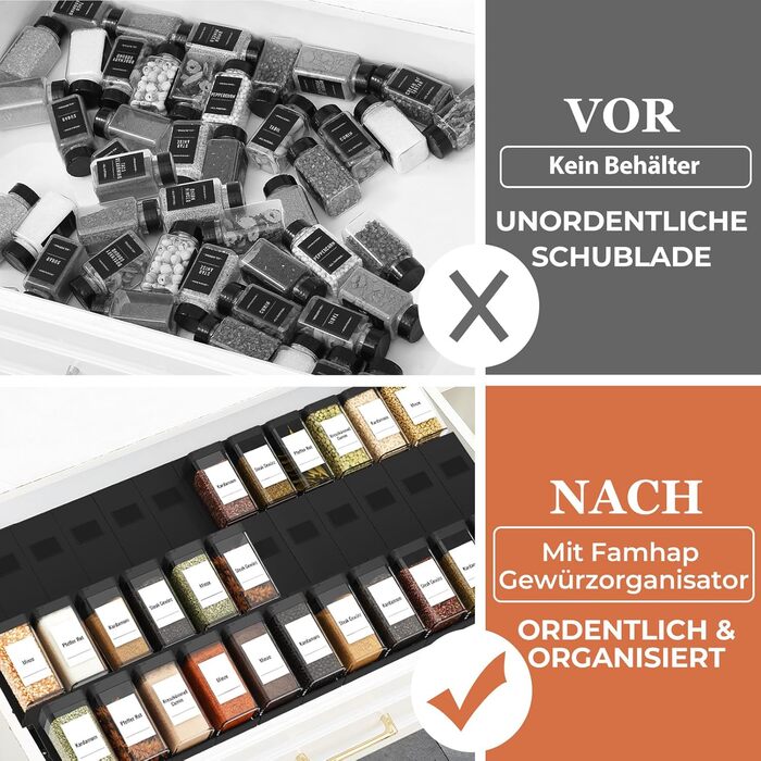 Організатор для спецій Famhap, 24 шт. - полиці для спецій у ящик, чорний | Організатор спецій для кухні