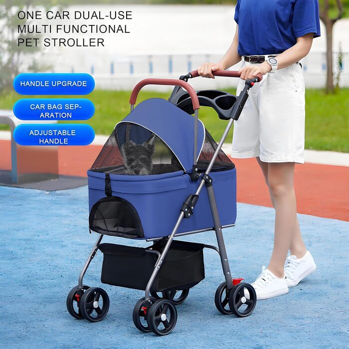 Дитяча та собача коляска 2-в-1, складна, з 4 колесами, для цуценят та кошенят, з тримачем для напоїв, водонепроникною оббивкою та сонцезахистом (Блакитна)