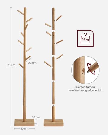 VASAGLE Coat Rack, Clothes Rack Solid Wood, Tree Shape Jacket Stand, 8 Hooks for Jackets, Hats, for Entryway, Hooks and Holding Rod made of Rubberwood, Cloud White RCR00W02 (Natural Beige, 1)