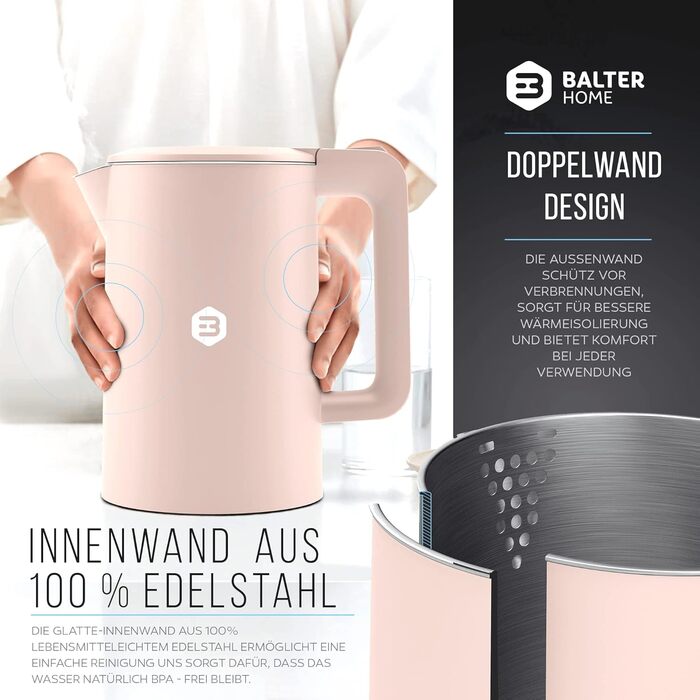 Balter Stainless Steel Kettle WK-4, 1.7 Liter, Electric Kettle, Double-Walled Design, BPA Free, LED, Compact Tea Kettle, Quiet (Black) (Pink)