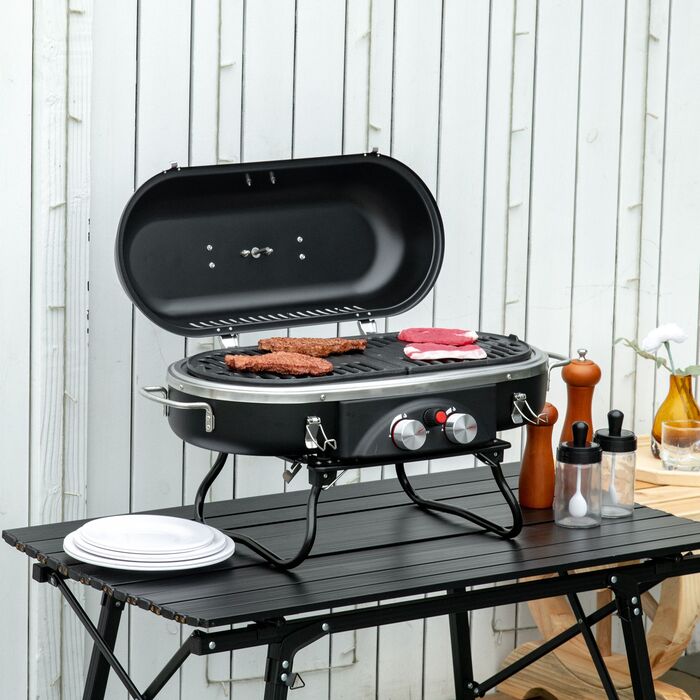 Газовий гриль Outsunny потужністю 2,34 КВт, складний, BBQ гриль для саду з 2 нержавіючими пальниками, редуктором, газовим шлангом, кришкою, термометром, 2 зонами нагріву, кемпінговий гриль для балкона, розміри 66 x 34,5 x 37 см | Aosom
