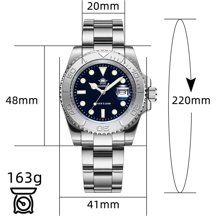 Годинник чоловічий ADDIESDIVE з кварцовим механізмом, аналоговий, водостійкий 20bar, з нержавіючої сталі, великий світний дисплей (срібний)