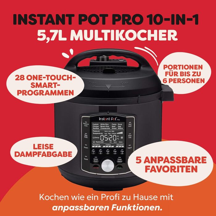 Instant Pot Pro 10-в-1: мультиварка-скороварка, 1200 Вт, 5.7 л, чорна нержавіюча сталь. 10 функцій: скороварка, плита, рисоварка, пароварка, йогуртниця, Sous Vide.