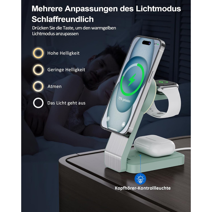 3-в-1 Станція Бездротової Зарядки з Індукцією для iPhone, Apple Watch та AirPods (Білий/Зелений)