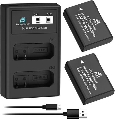 Акумулятор EN-EL14 1300mAh для Nikon + USB LED зарядний пристрій (2 шт.)