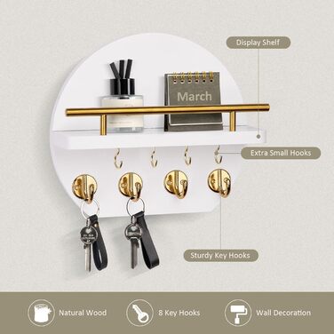 Настінна вішалка для ключів Nekon з полицею та 8 гачками, 24.8 см, декор для дому (Білий/Золотий)