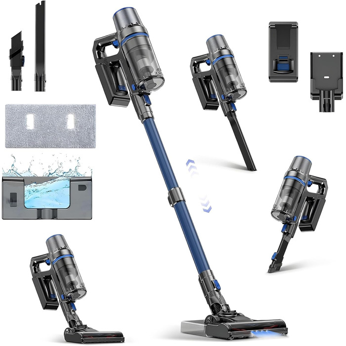 Акумуляторний пилосос Olvy 2-в-1 з функцією миття підлоги, для шерсті тварин, килимів та твердих поверхонь, бездротовий, без мішка, потужність 35KPA, 5 режимів, LED-дисплей, легкий, з HEPA-фільтром та аксесуарами