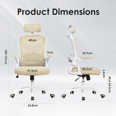 Ергономічне крісло Farini з регулюванням висоти, для офісу та дому, з підголівником, комп'ютерне крісло, до 150 кг, на роликах (білий-хакі)