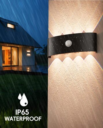 Світлодіодна бра для стін Kinamy з датчиком руху, 8W, IP65, вологостійка, для дому та саду (2 шт., чорний)
