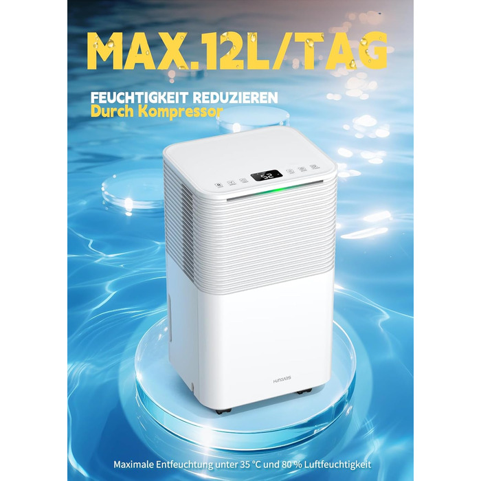 Електричний осушувач повітря 12л/день, сенсорне управління, дисплей, таймер, для дому та сушіння білизни, білий