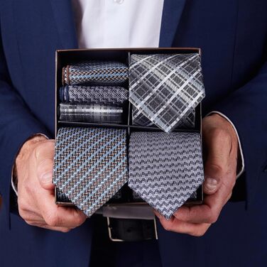 Набір краваток для чоловіків 3 шт. + 3 кишенькові хустинки | Подарунковий бокс для чоловіків | Класичний подарунок на весілля | Кольори: фіолетовий, сірий, блакитний