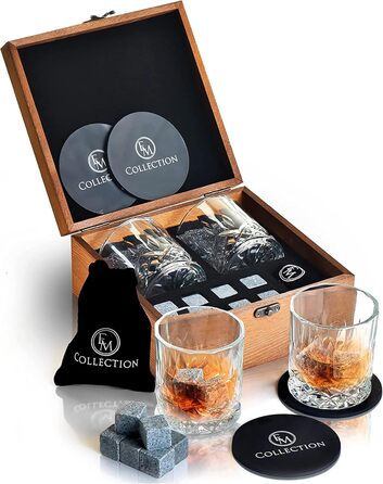 Набір для віскі: 8 гранітних охолоджувачів, 2 кришталеві келихи для бурбона та дерев'яна коробка. Ідеальний подарунок для чоловіків, батька, чоловіка, друга, начальника