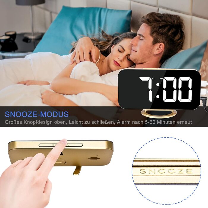 Цифровий годинник SZELAM з LED-дзеркалом 7 дюймів, 2 USB-порти, функція відкладання, автоматичне регулювання яскравості, для дому, колір золотий