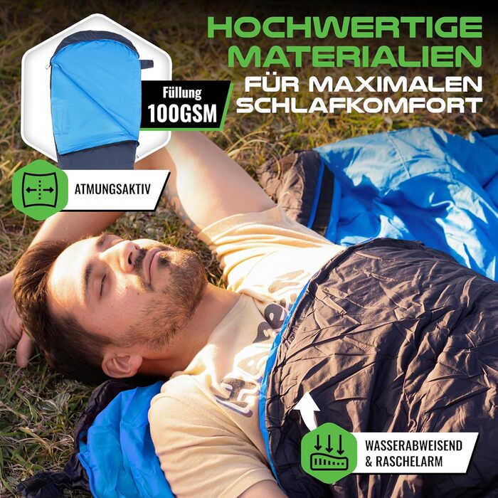 Сплячий мішок MOUNTREX® - компактний та ультралегкий (760г/1500г) - Outdoor (100GSM) / 3-4 сезони (300GSM) - Мумієвидний спальний мішок - для кемпінгу, подорожей, фестивалів - теплий та з'єднувальний (Темно-синій/Синій), літній спальний мішок