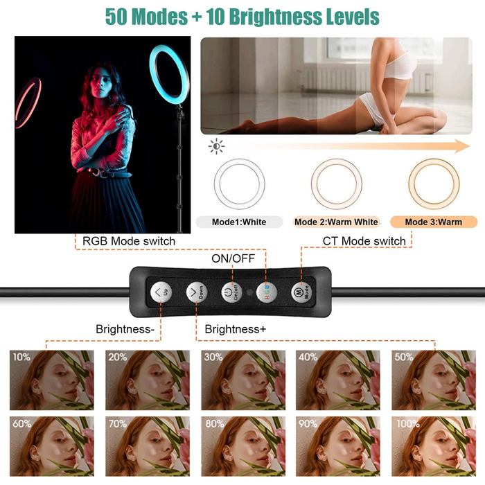 Кільцева лампа Ringlicht з штативом для телефону, 10 дюймів, 3 денне світло + 47 RGB режимів, регульована яскравість, 160 см, для YouTube, селфі, макіяжу, TikTok