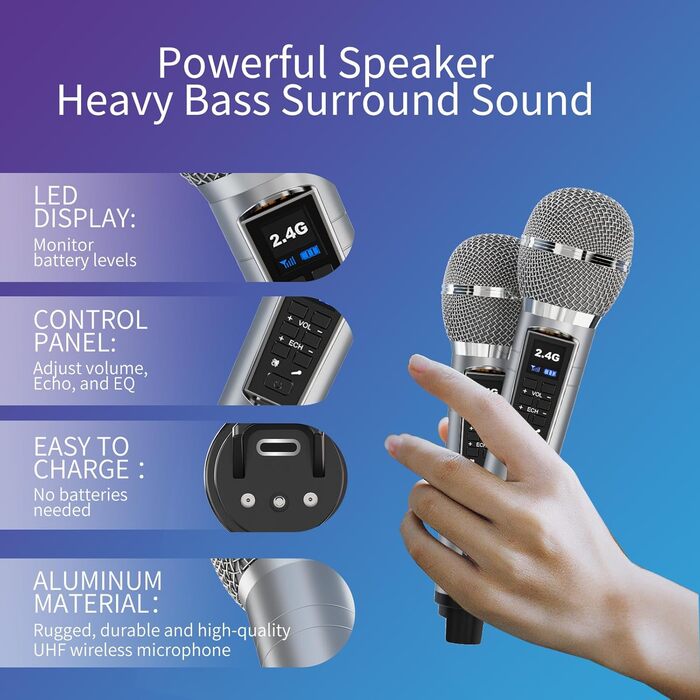 Портативна караоке-машина з Bluetooth, 20W, 2 бездротові мікрофони, PA-система для дому, вечірки, церкви, пікніка, відпочинку на природі (сіра)