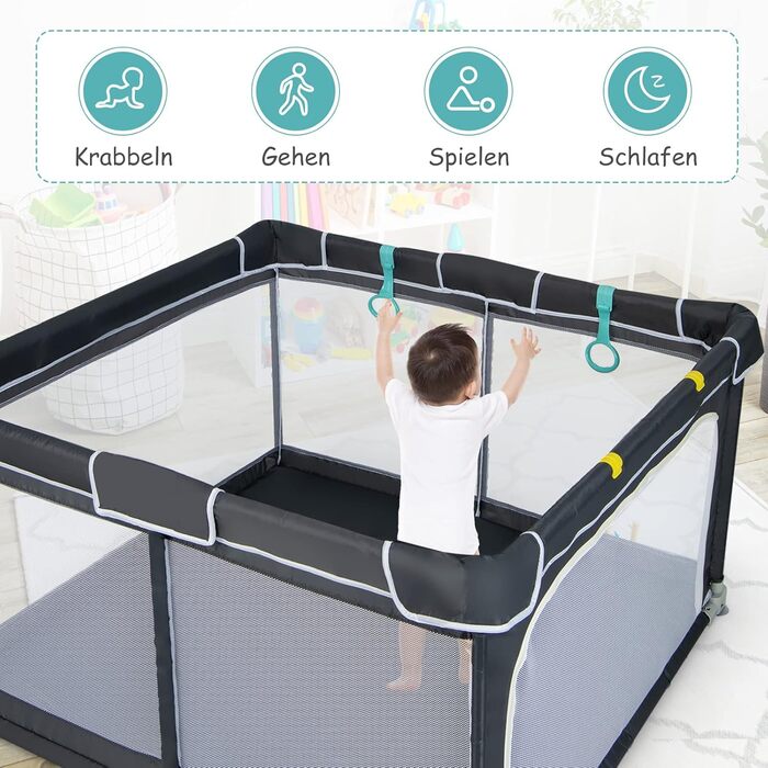DREAMADE Playpen Baby, 124 x 124 cm Playard Foldable with 50 Play Balls & 4 Pull Rings, Safety Net with Breathable Mesh & Zipper (Dark Grey)