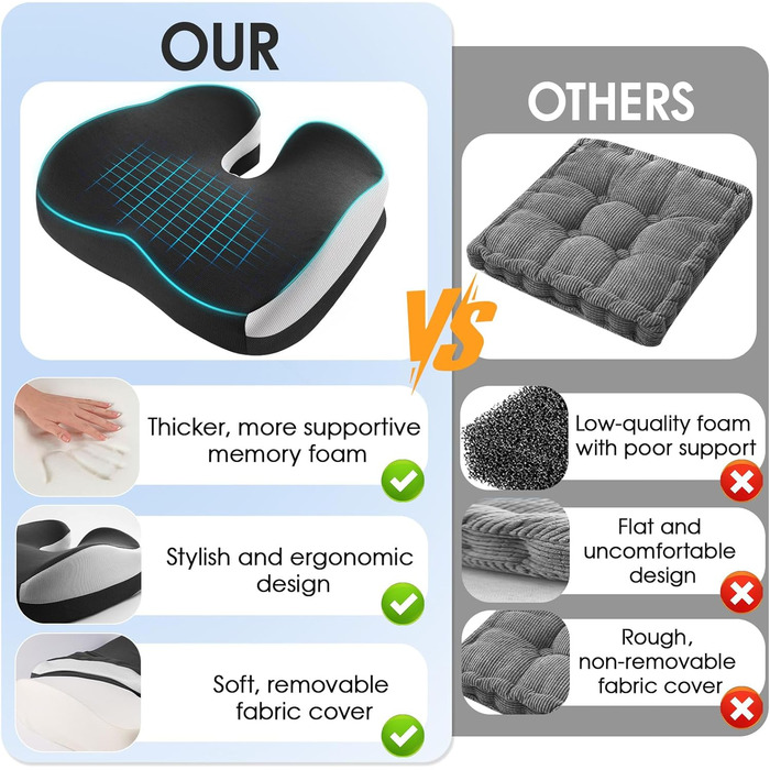 Ортопедична подушка для сидіння з піни Memory Foam: для офісного крісла, авто, інвалідного візка. Чорний дихаючий чохол