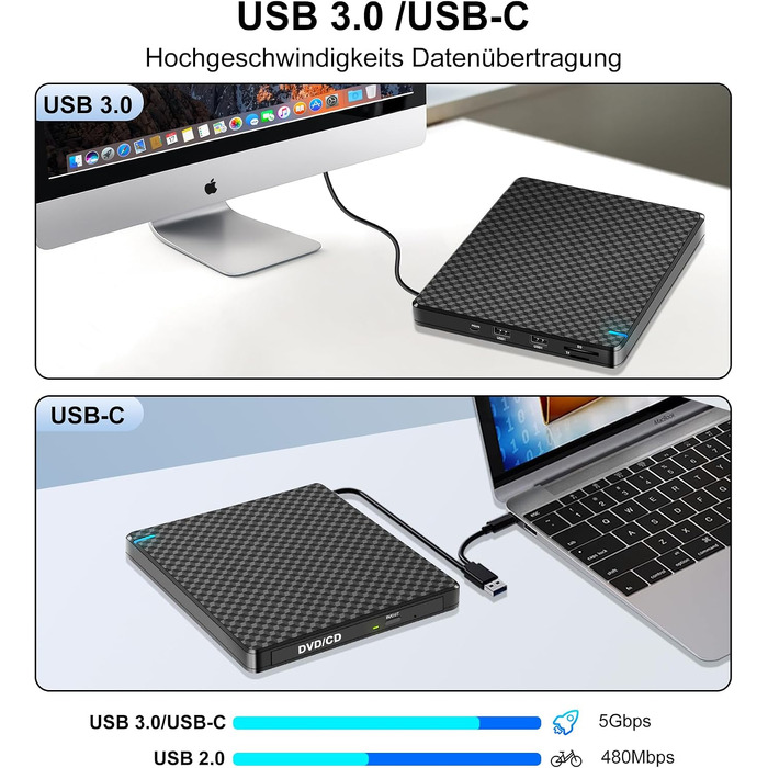 Зовнішній DVD-привід USB-C CD/DVD гравер та плеєр для MacBook, ноутбуків та ПК (Windows 11) з 2 USB-портами та SD/TF слотом, чорний