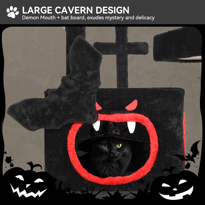 Кігтеточка YITAHOME Готичний XL, 160 см, велика та стійка, з 4 колонами з сизалю, 1 дощечкою для шліфування, гамаком, 2 підвісними кулями-павуками, платформами для сну, чорна, 48 x 60 x 160 см