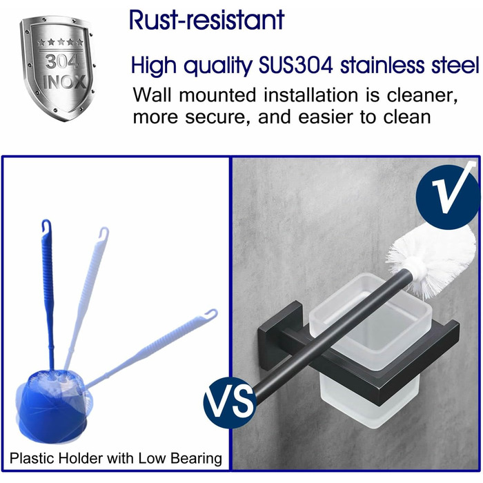 WC Brush and Holder Wall Brush Holder, Chrome, Toilet Brush Set Toilet Brush Set made of 304 Stainless Steel and Frosted Glass for Bathroom (Matte Black)