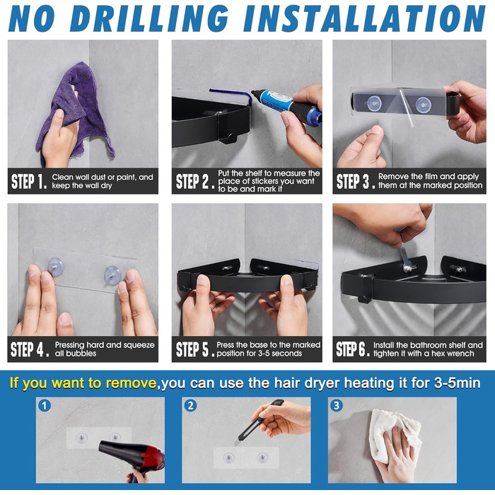 Поличка для душу без свердління, кутова, з нержавіючої сталі, 2 шт. (Чорний)