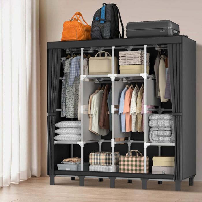 LOEFME Wardrobe 170 * 175 * 45cm, Fabric Wardrobe for Bedroom, Clothes Wardrobe Fabric, Fabric Clothes Wardrobe with 2 Hanging Rails (Black)