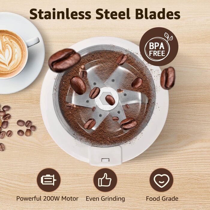 Електрична кавомолка Aigostar Blanche з регулюванням ступеня помелу, BPA Free, 60г, 200W, біла