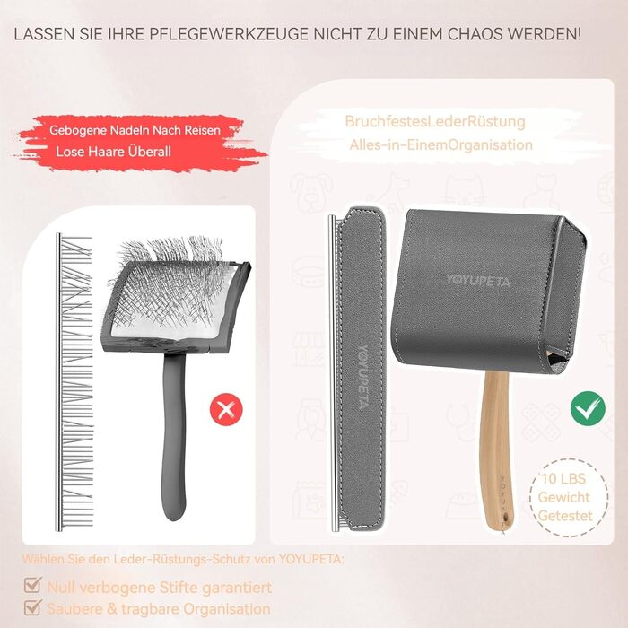 Набір щіток та гребінців для собак та котів з довгим хутром – Slicker Bürste & Kamm Set – проти підшерстка та ковтунів – з нержавіючої сталі 25 мм – дерев'яна ручка & шкіряний етикет – ідеально для Голден Ретріверів та Мейн Кунів