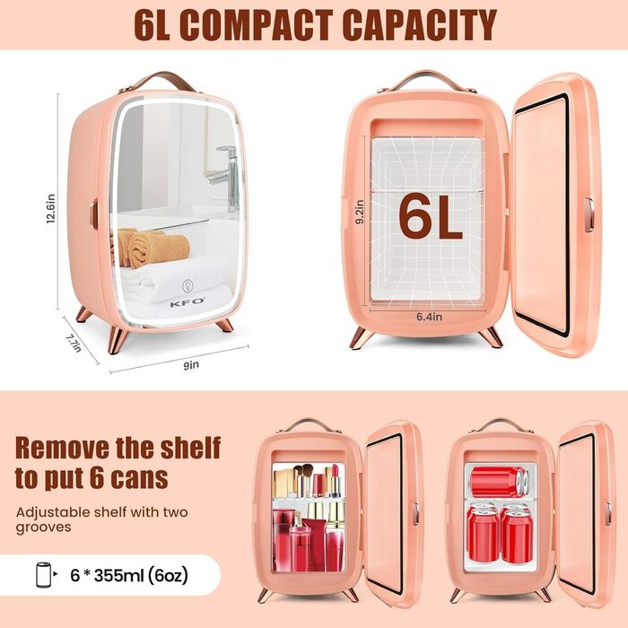 Mini Cosmetic Cooler with LED Mirror - 6 Liter Portable Makeup Fridge with 3 Light Modes (Bright/Dim/Star Light) & Quiet Operation